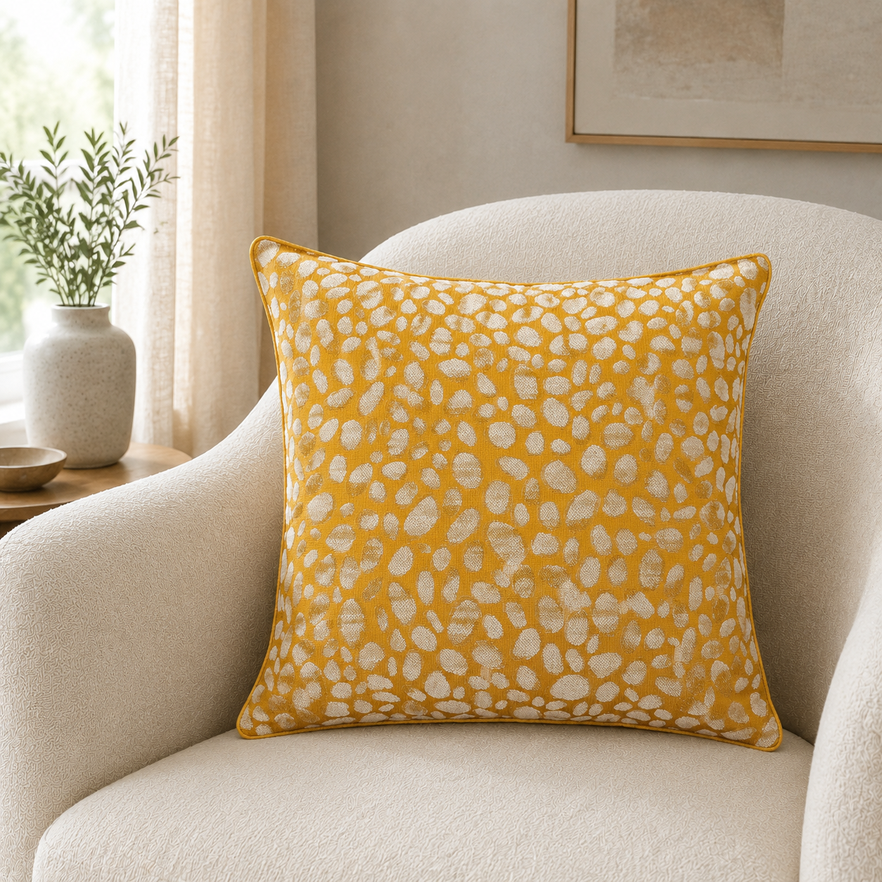 Malini Pebbles Design Weave Mustard Yellow Square Cushion 43x43 lifestyle image