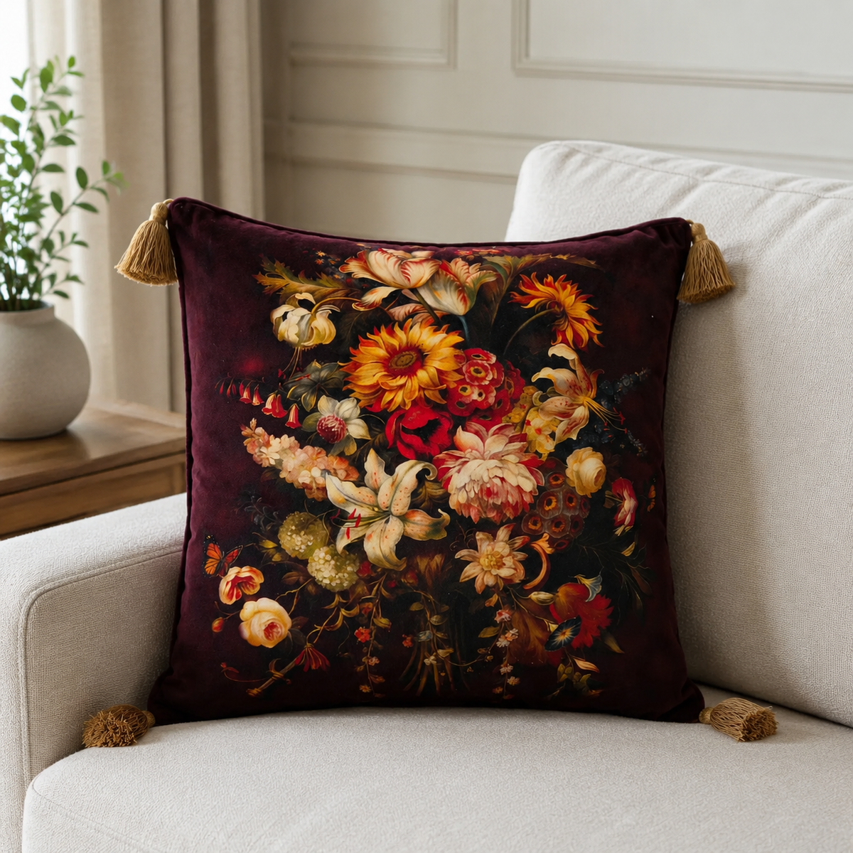 Malini Paul Moneypenny Petal Pusher Rust Orange & Wine Red Square Cushion 45x45 lifestyle image