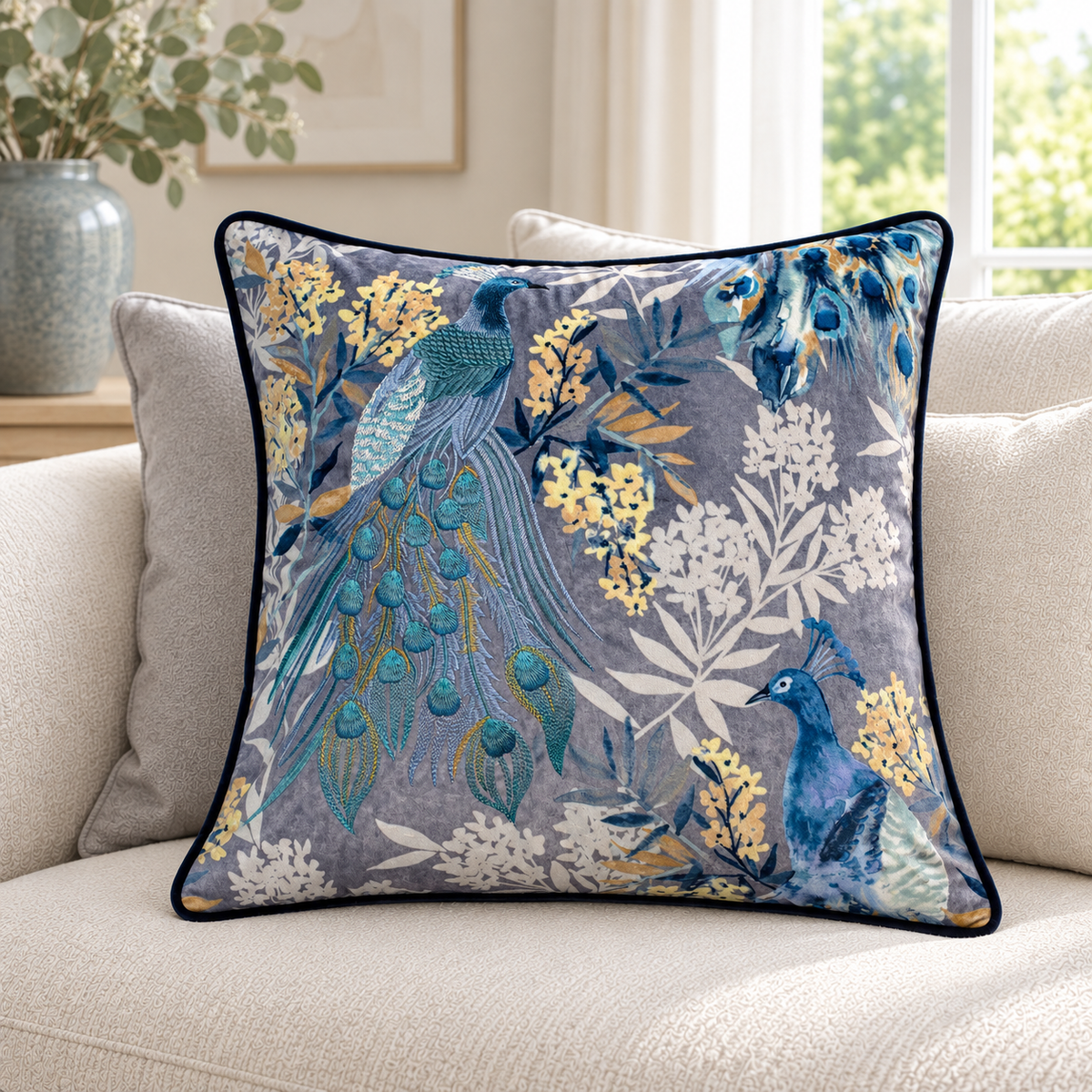 Malini Pippa Blue Peacocks Velvet Square Cushion 45x45 lifestyle image