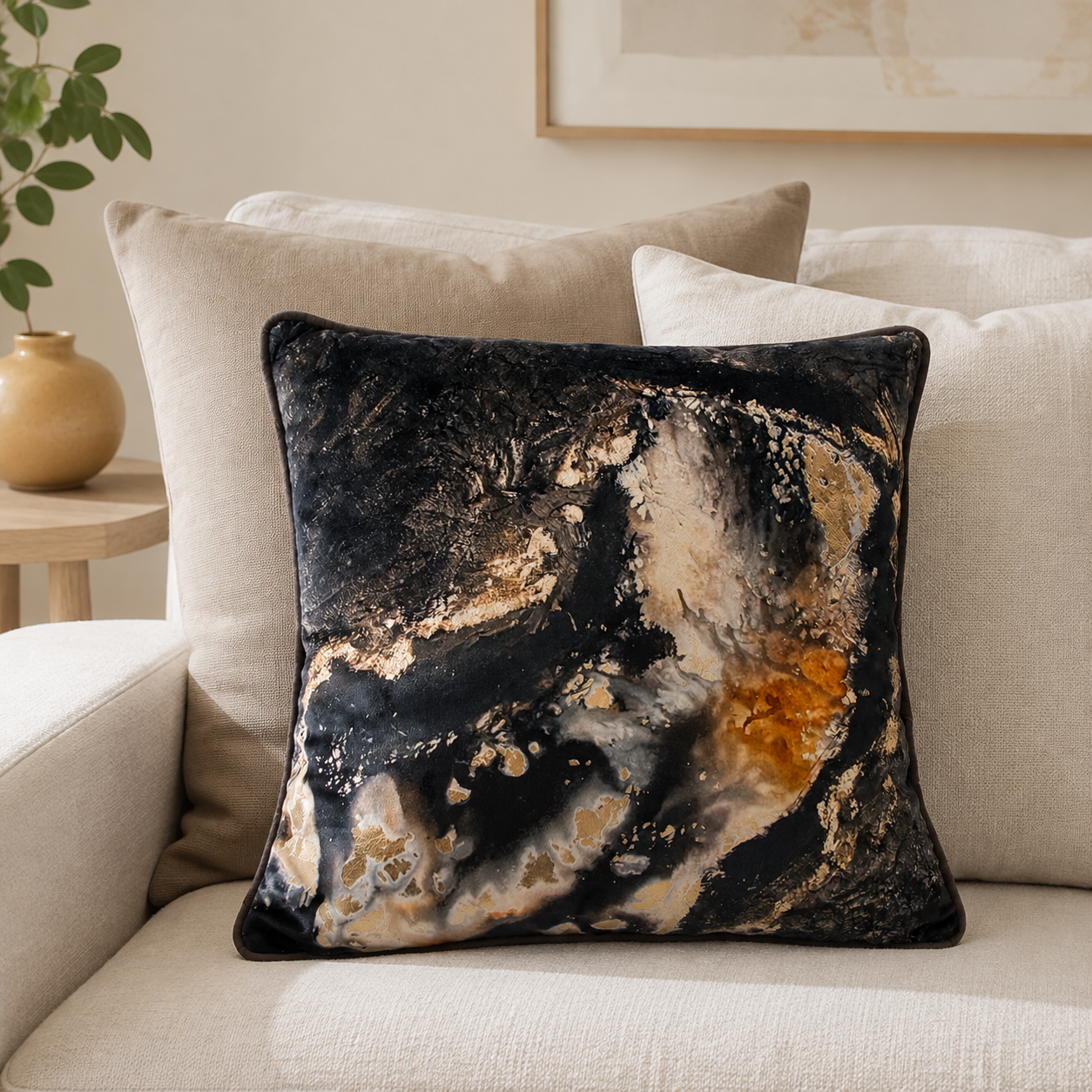 Malini Pollenca 45x45 abstract velvet cushion styled on a light neutral sofa