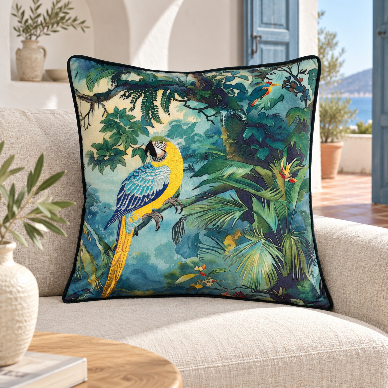 Malini Popat parrot cushion in a Mediterranean coastal villa