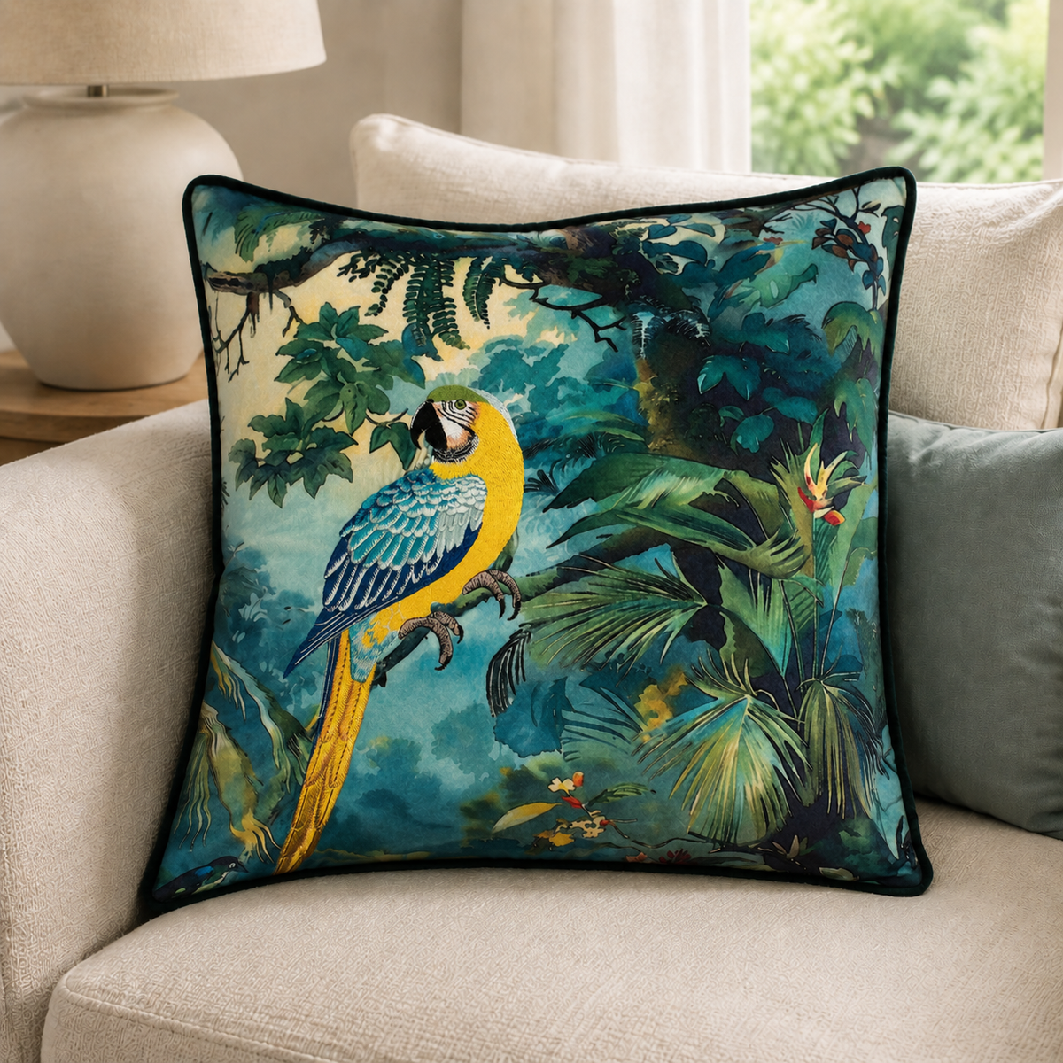 Malini Popat 45x45 parrot velvet cushion styled on a light neutral sofa