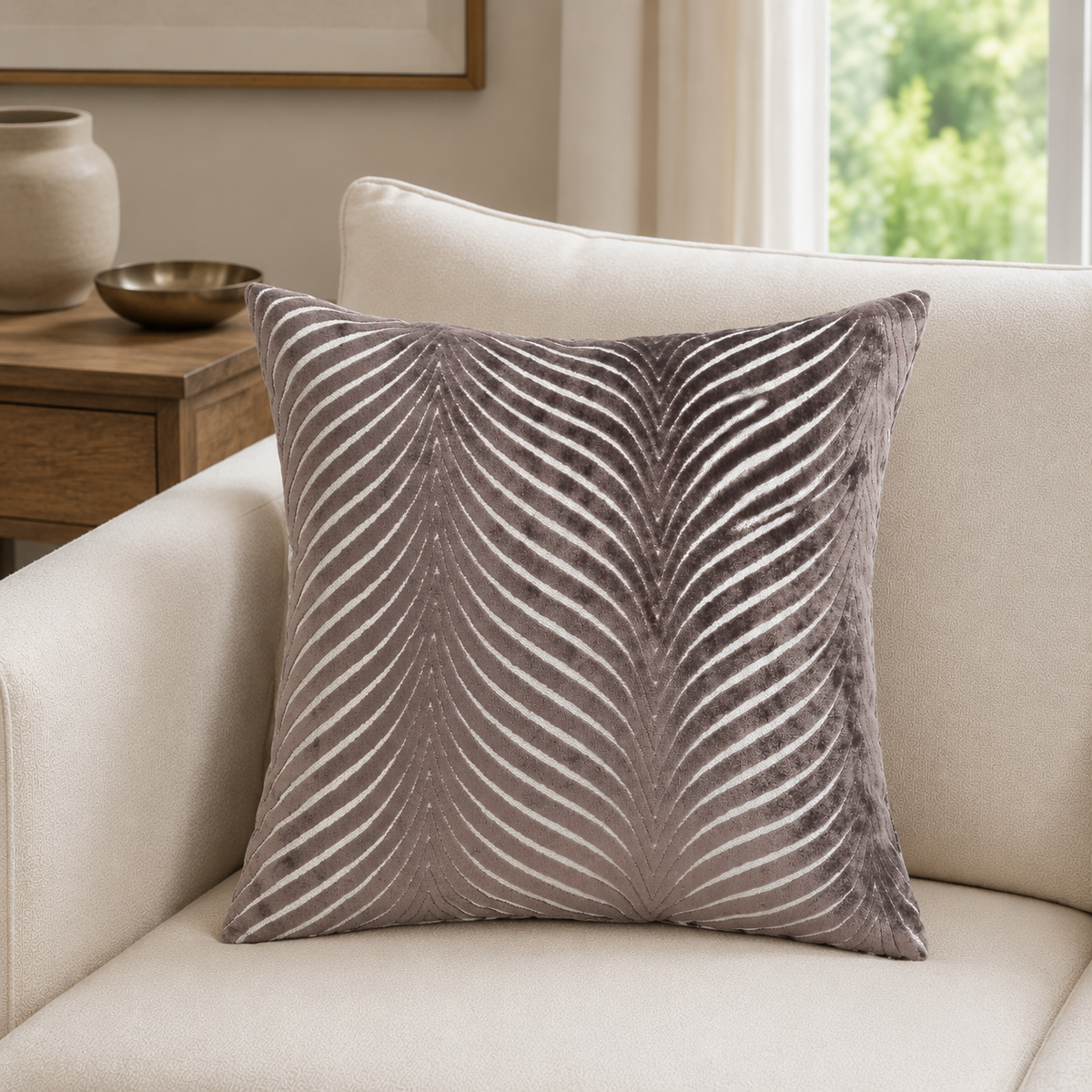 Malini Cut Velvet Fan Rada Choc Square Cushion 43x43 lifestyle image