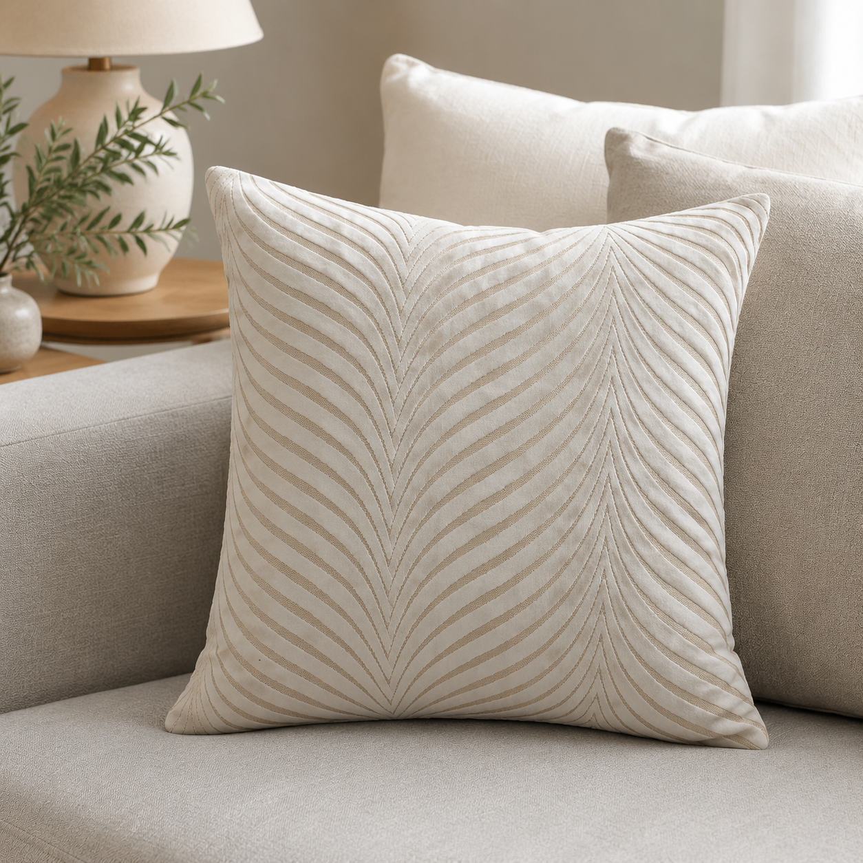 Malini Rada Ivory 43x43 velvet fan cushion styled on a light neutral sofa