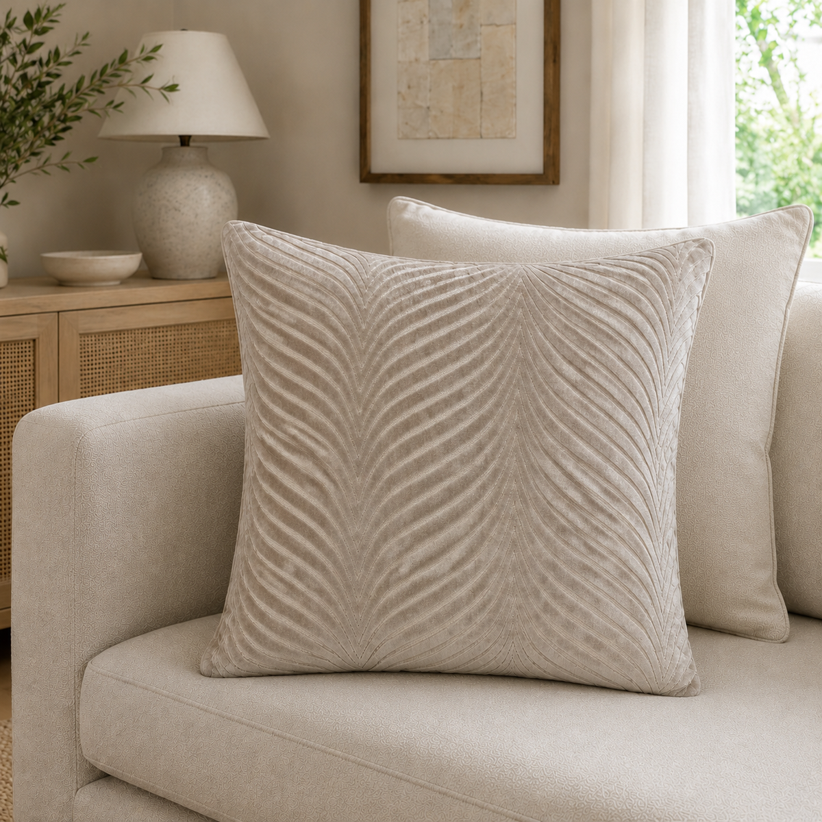 Malini Cut Velvet Fan Rada Taupe Square Cushion 43x43 lifestyle image
