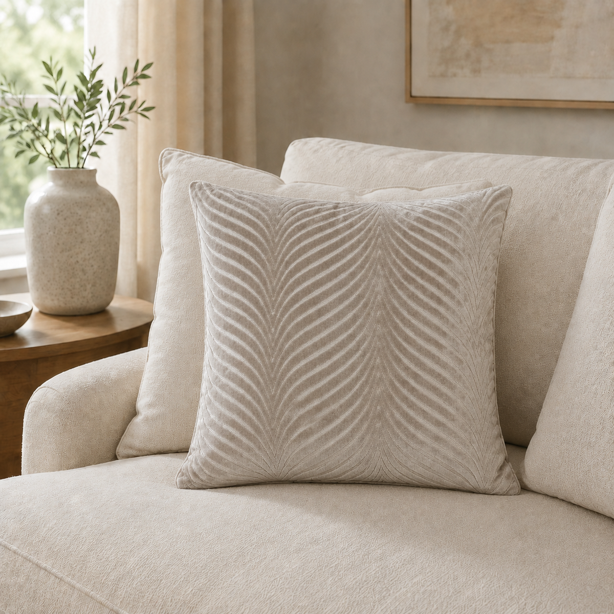 Malini Cut Velvet Fan Rada Taupe Square Cushion 43x43 lifestyle image