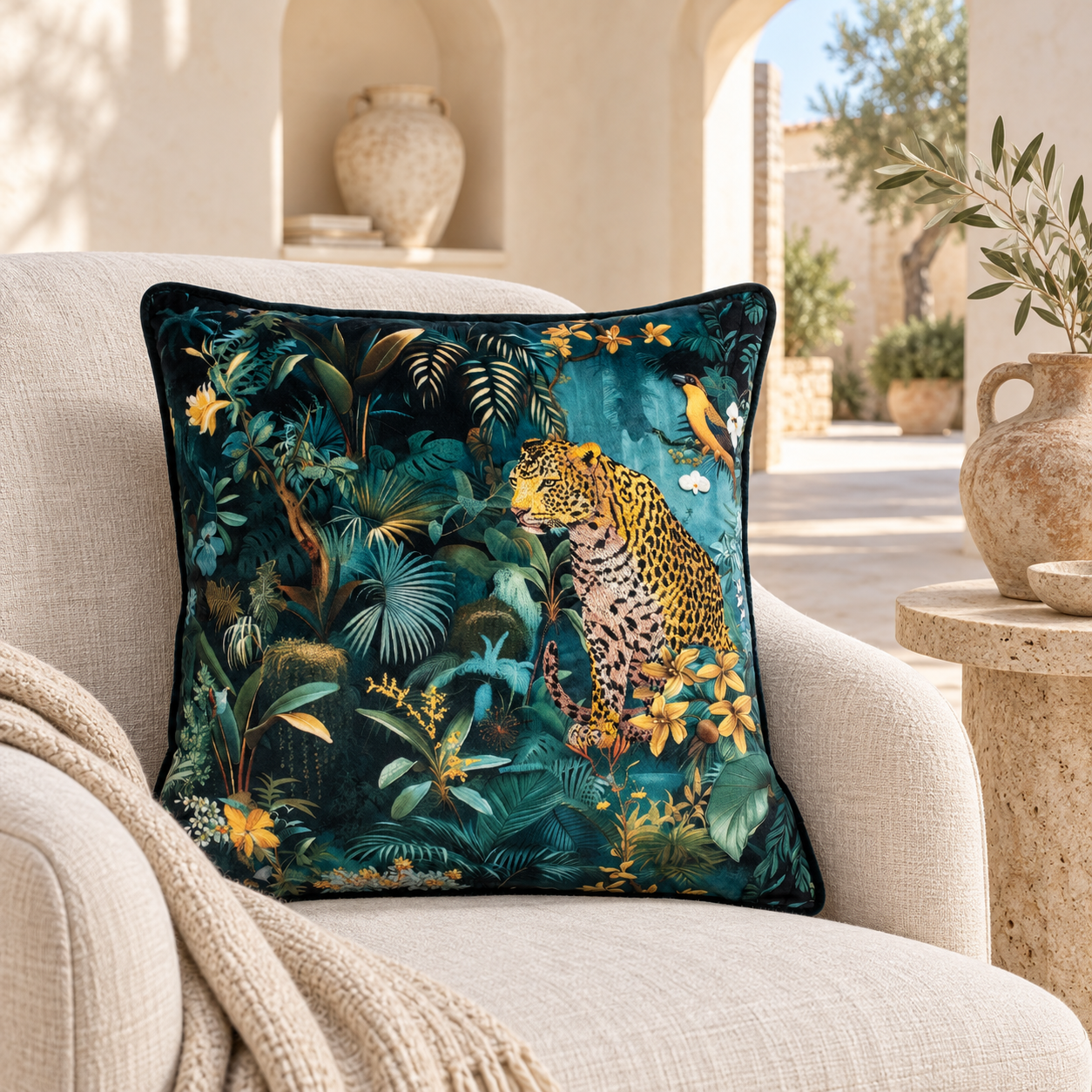 Malini Rocco leopard cushion in a Mediterranean villa interior