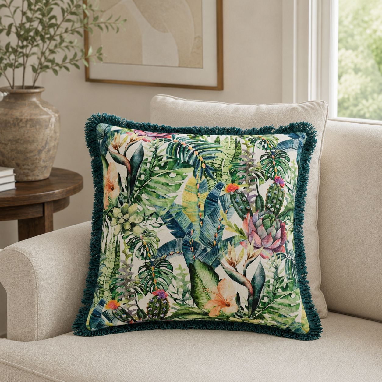 Malini Saguaro colourful cacti 45x45 cushion styled on a light neutral armchair
