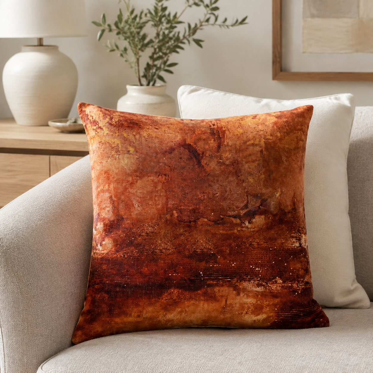 Malini Sahara rust orange abstract 45x45 cushion styled on a light neutral sofa