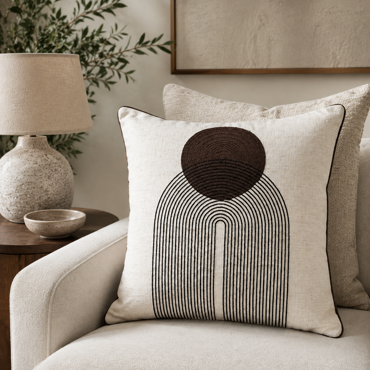 Malini Saloni chocolate Art Deco 45x45 cushion styled on a light neutral armchair