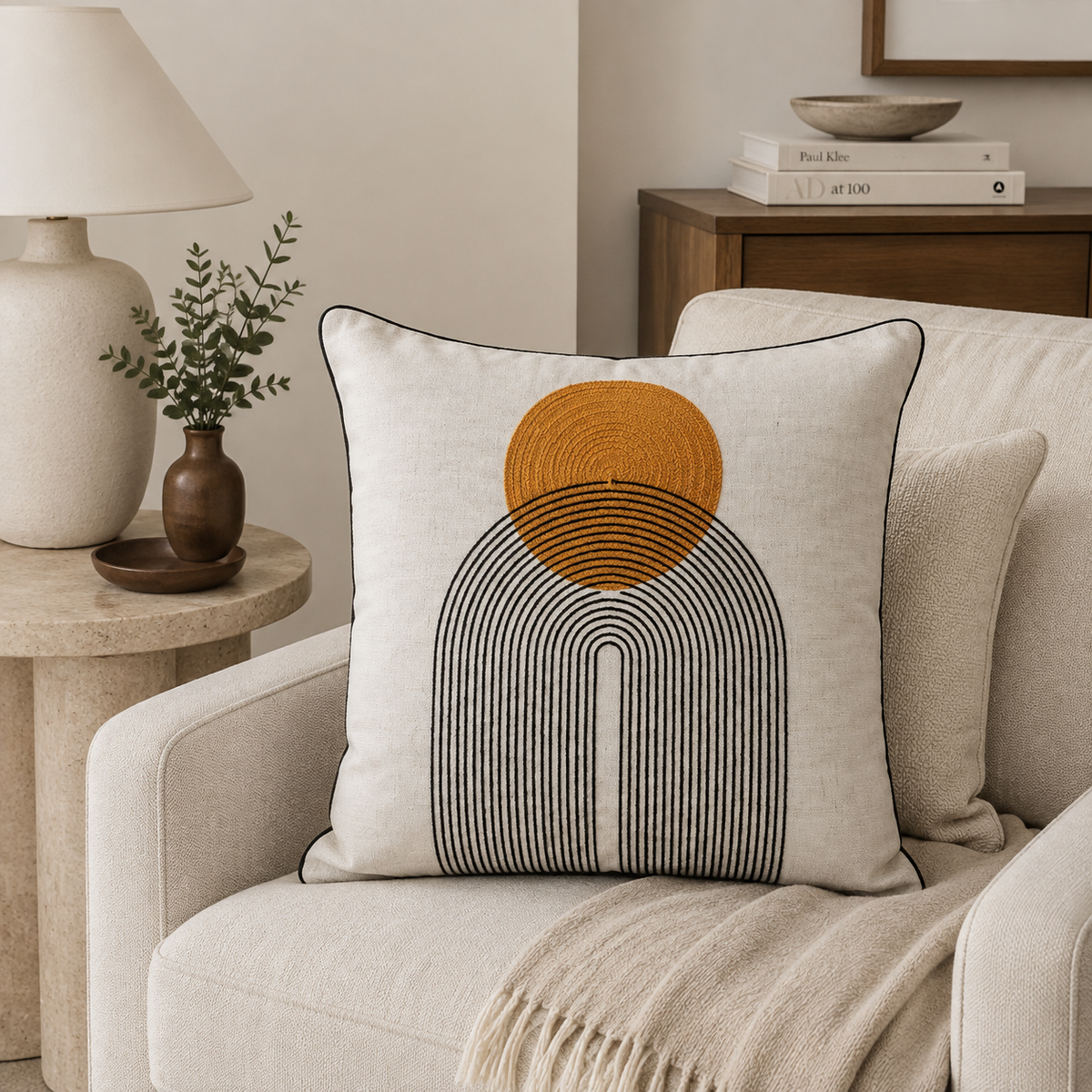 Malini Saloni rust Art Deco 45x45 cushion styled on a light neutral armchair