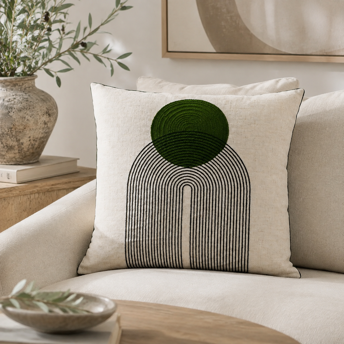 Malini Saloni olive Art Deco 45x45 cushion styled on a light neutral sofa