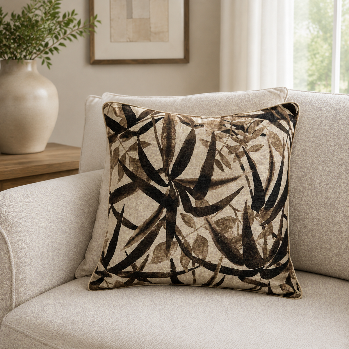Malini Brown Floral Leaf On Faux Linen Square Cushion 45x45 lifestyle image