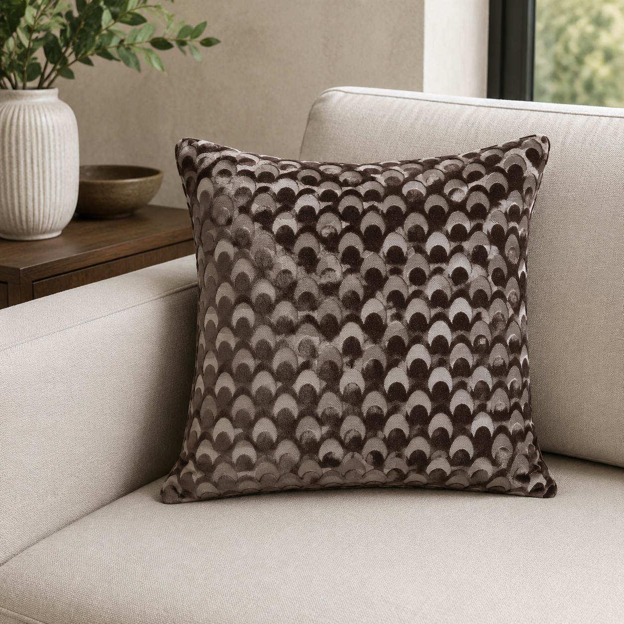 Malini Soli Chocolate Brown Velvet Square Cushion lifestyle