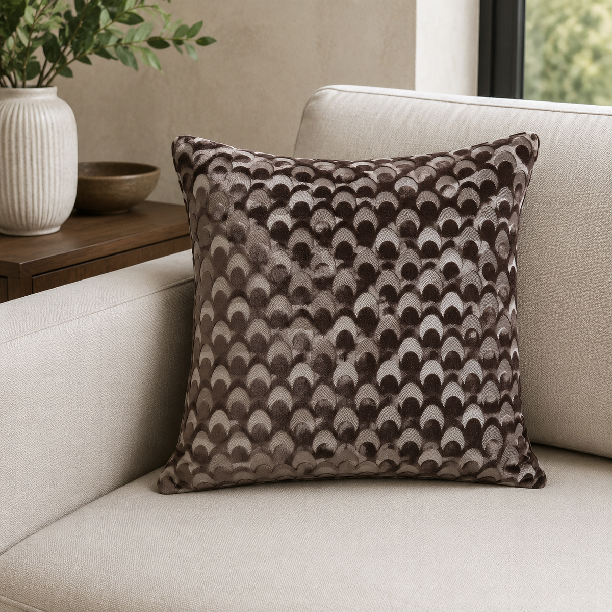 Malini Soli Chocolate Brown Velvet Square Cushion lifestyle