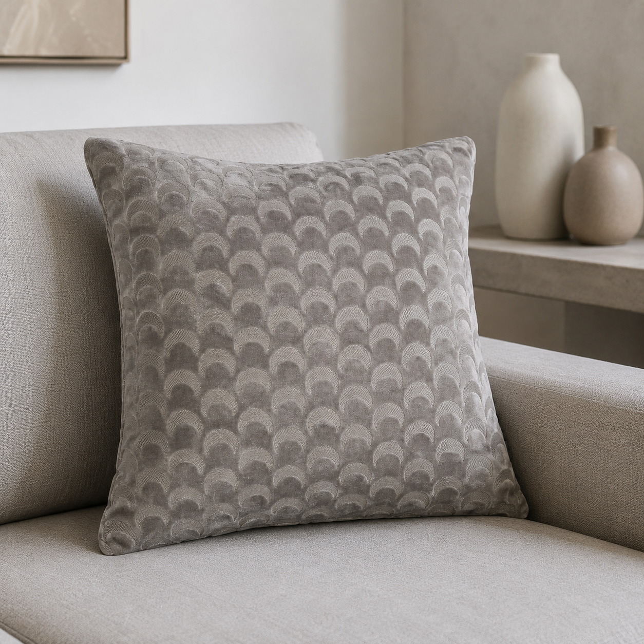 Malini Soli Taupe Velvet Square Cushion lifestyle