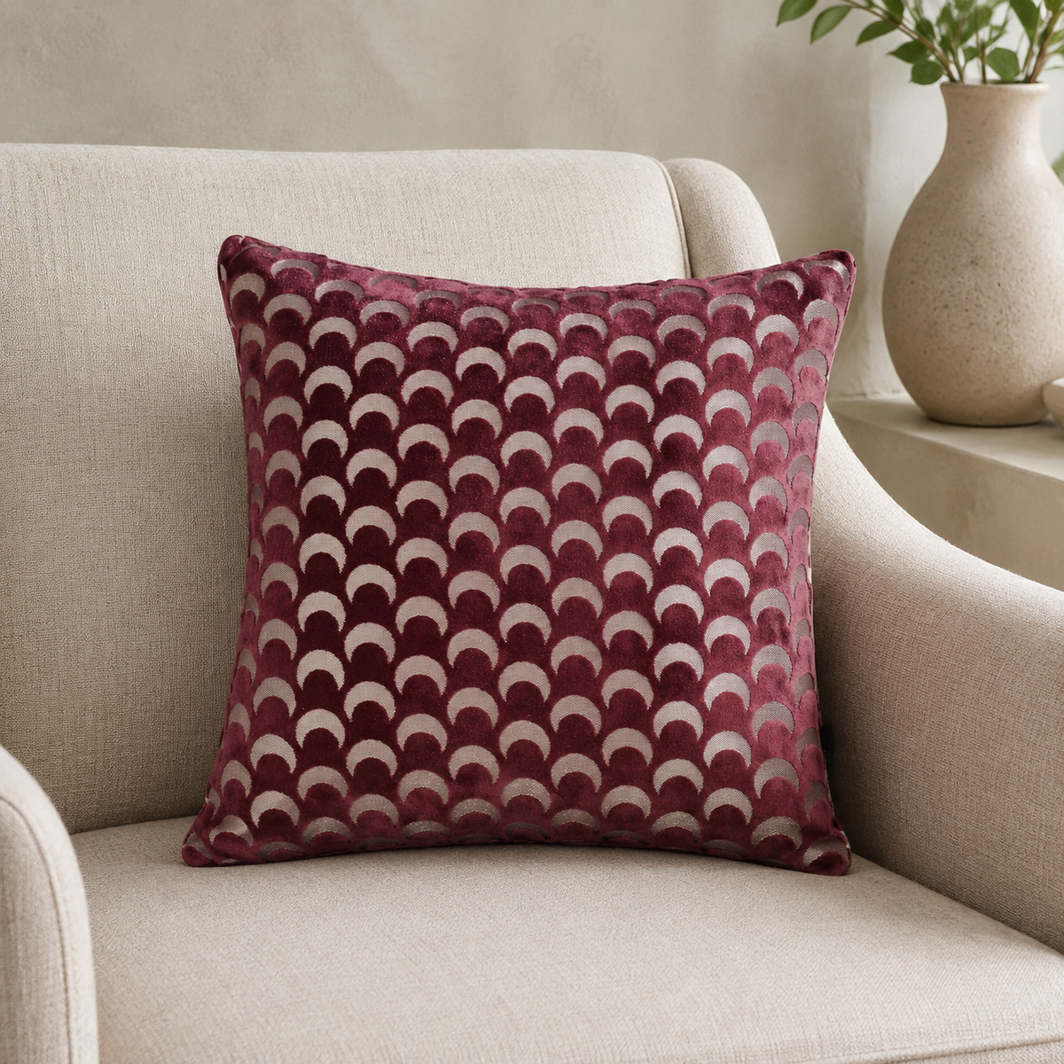 Malini Soli Wine Red Velvet Square Cushion lifestyle