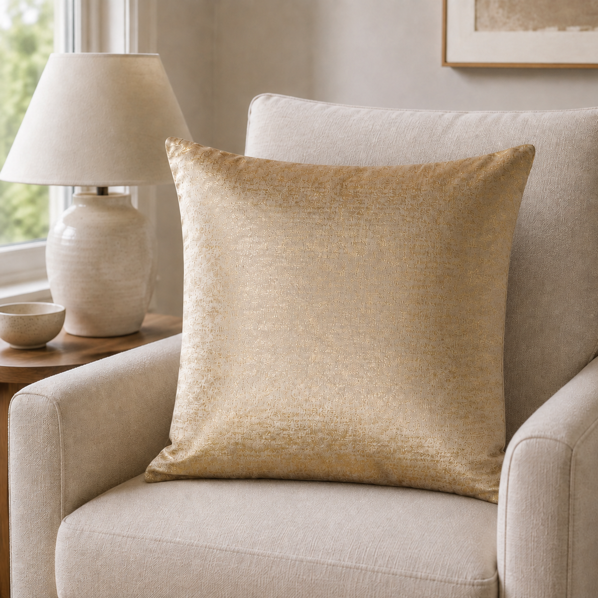 Malini Sona matt gold 43x43 cushion styled in a neutral living room