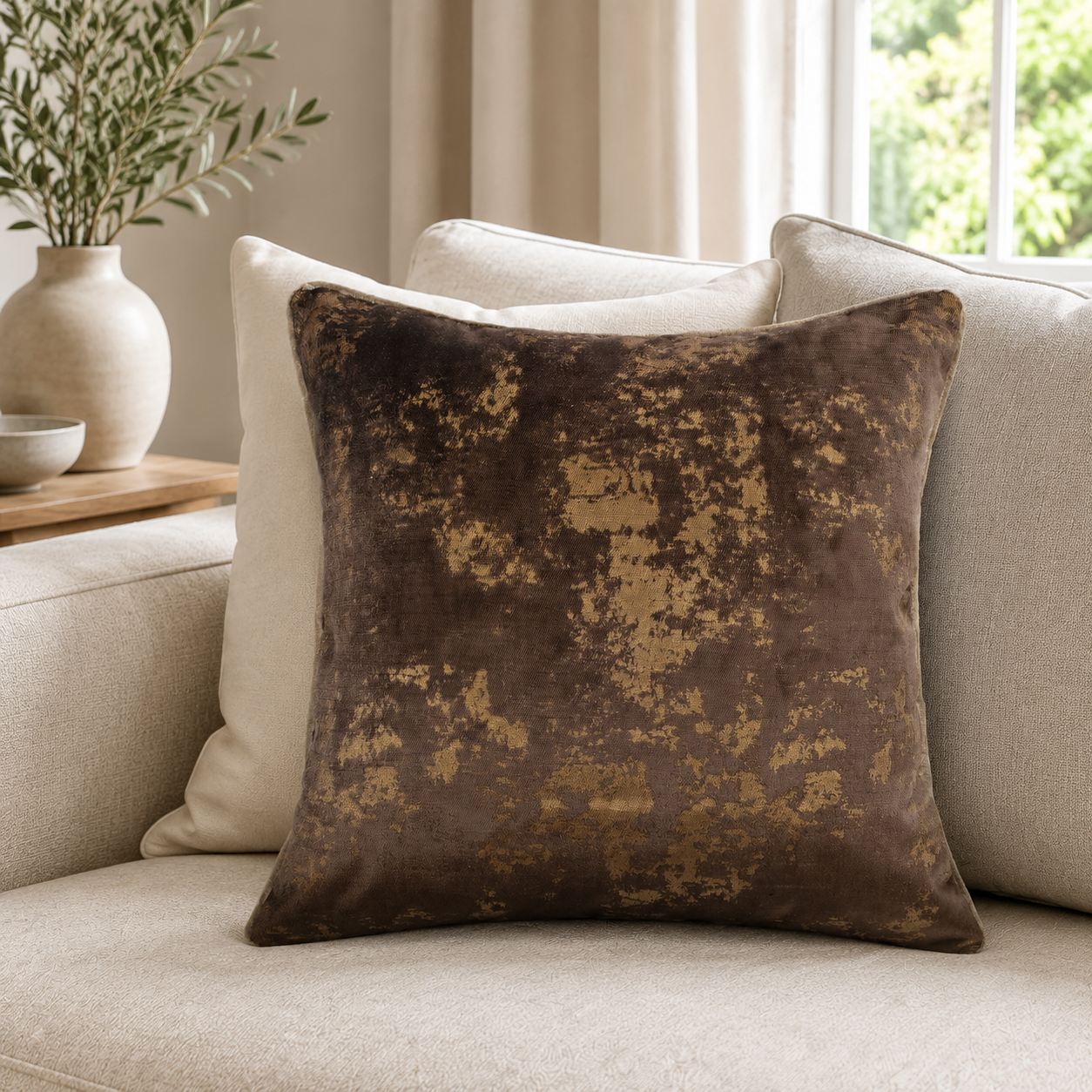 Malini Spoiltrotton bronze flecks on chocolate cushion lifestyle image