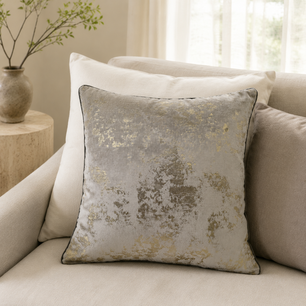 Malini Spoiltrotton gold flecks on natural cushion lifestyle image
