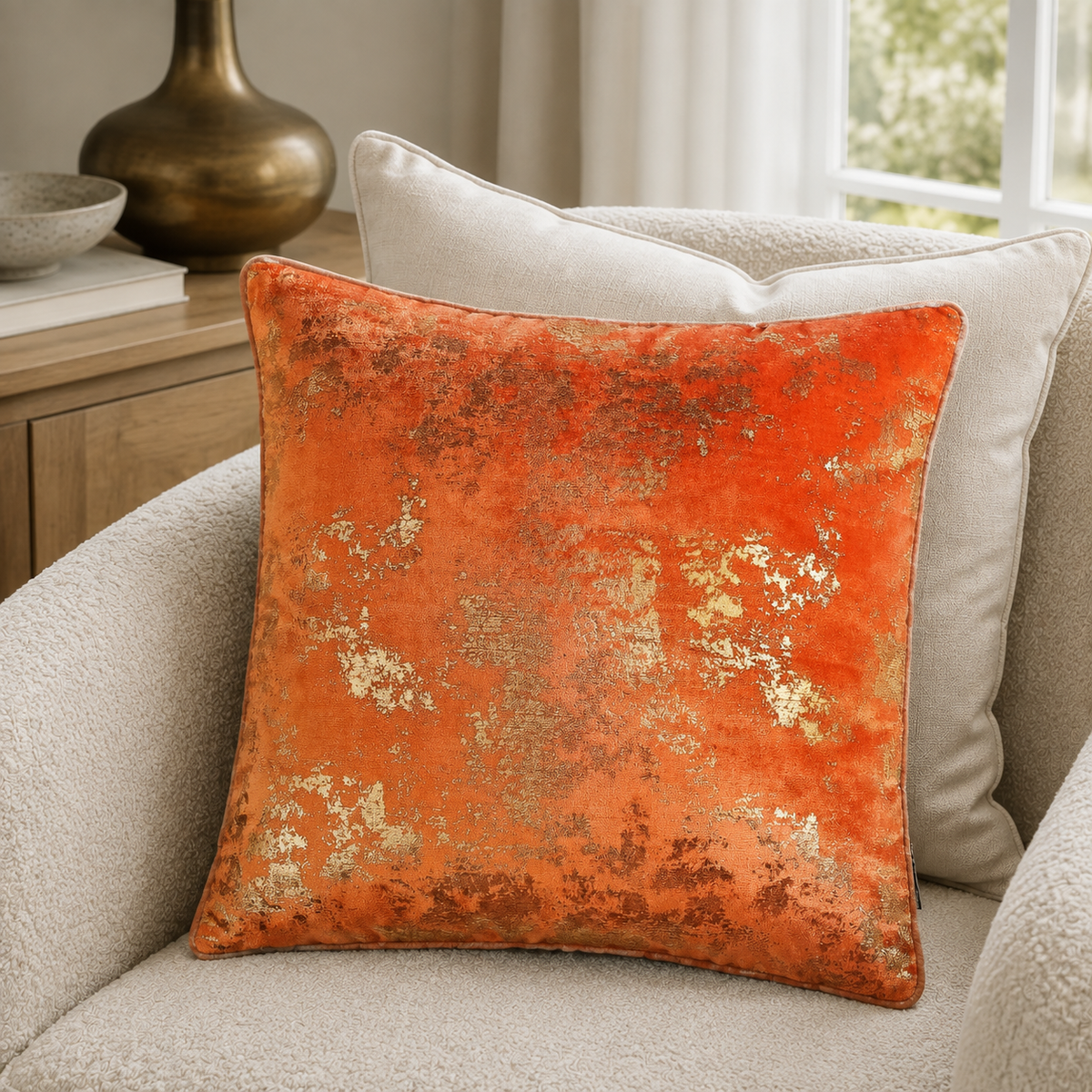 Malini Paul Moneypenny Spoilt Rotten Orange 43x43 cushion lifestyle image
