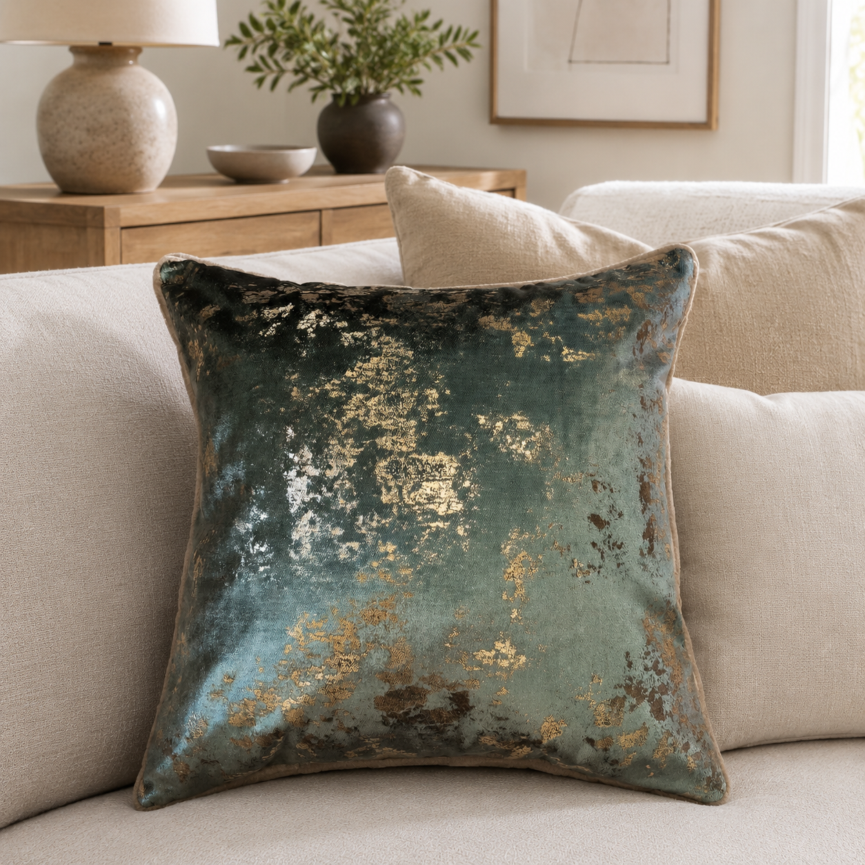 Malini Spoiltrotton gold flecks on sage cushion lifestyle image