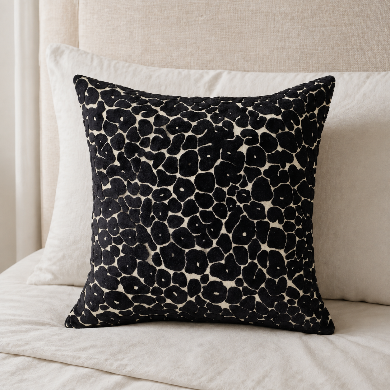 Malini Paul Moneypenny Spoton Leopard Velvet Black Square Cushion 43x43 lifestyle image