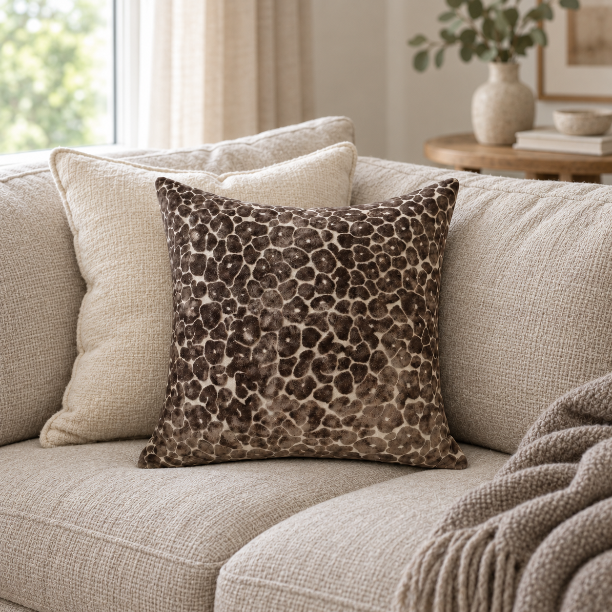 Malini Paul Moneypenny Spoton Leopard Velvet Choc Square Cushion 43x43 lifestyle image