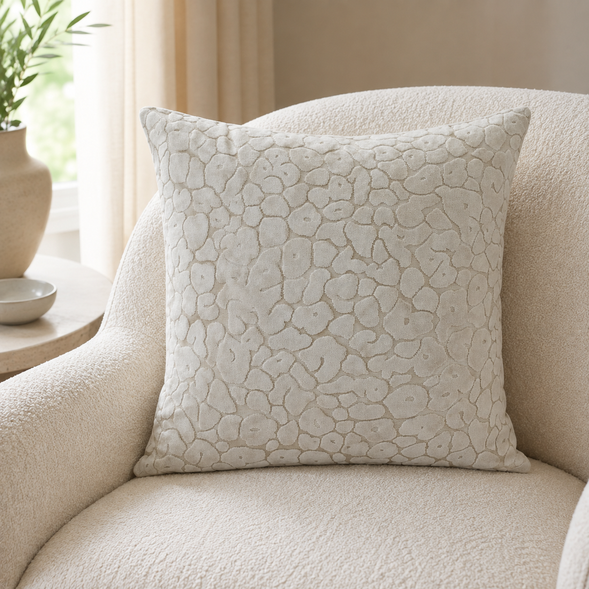 Malini Paul Moneypenny Spoton Leopard Velvet Ivory Square Cushion 43x43 lifestyle image