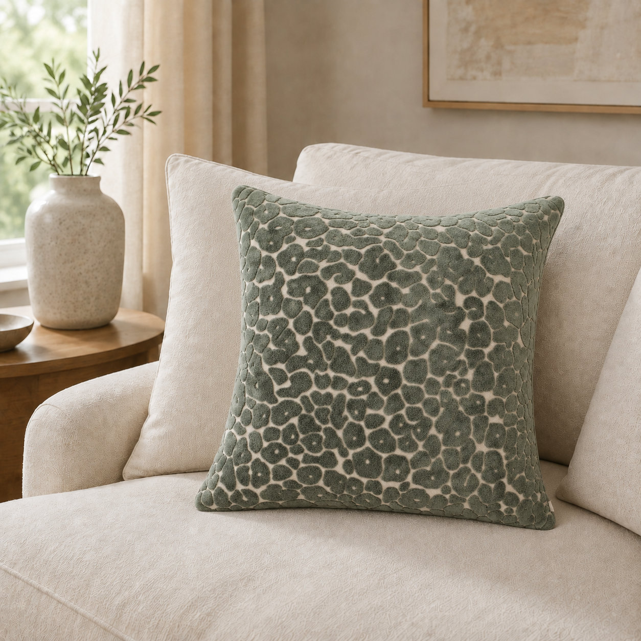 Malini Paul Moneypenny Spoton Leopard Velvet Sage Green Square Cushion 43x43 lifestyle image