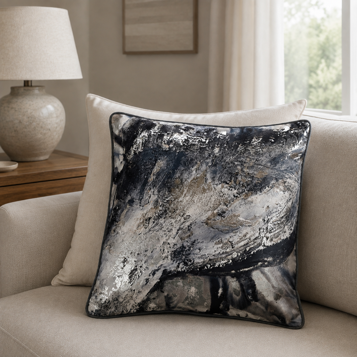 Malini Storm Blue Grey Print with Silver Foil Cushion 45x45 lifestyle image