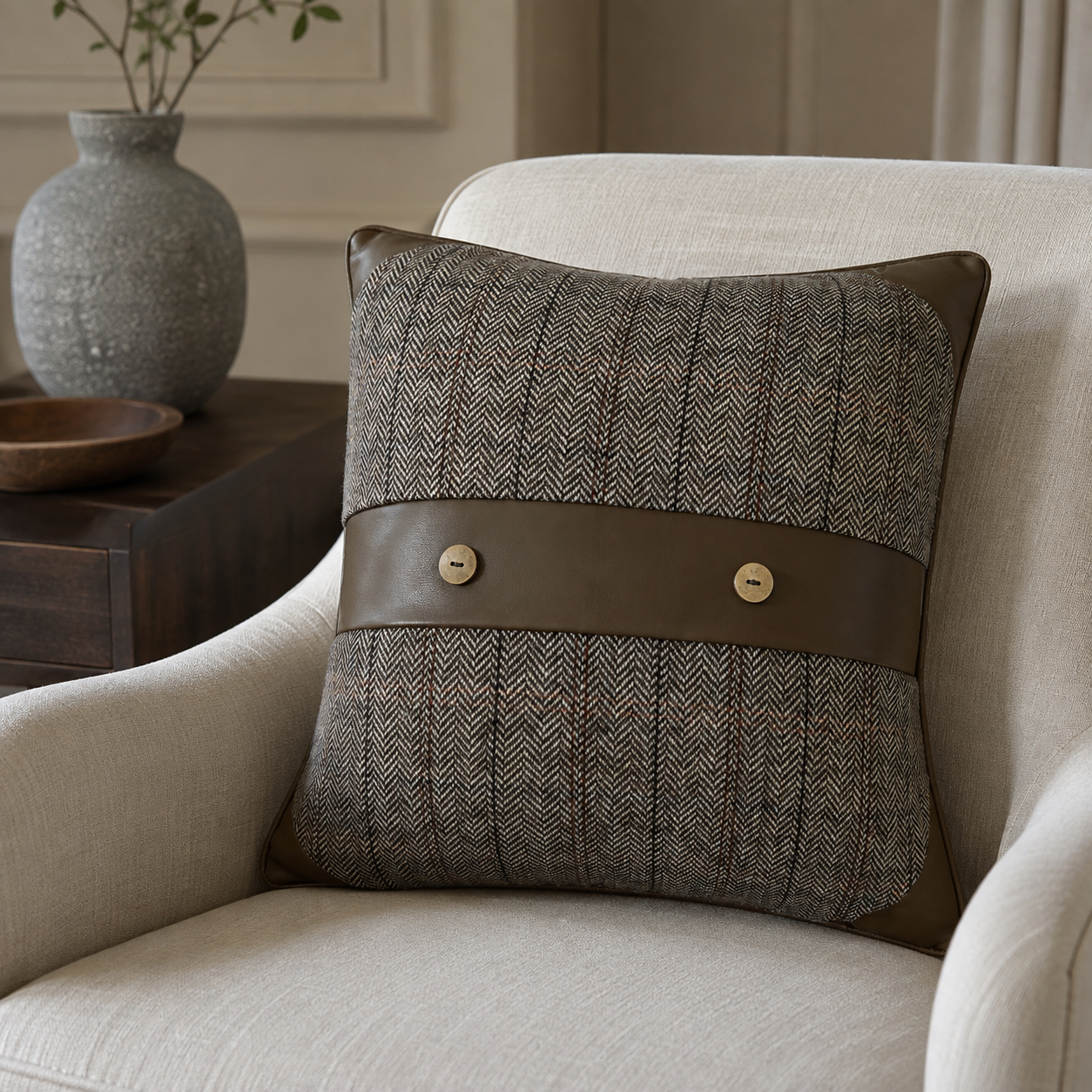 Malini Paul Moneypenny Suits You Sir Brown and Grey Tweed Square Cushion lifestyle
