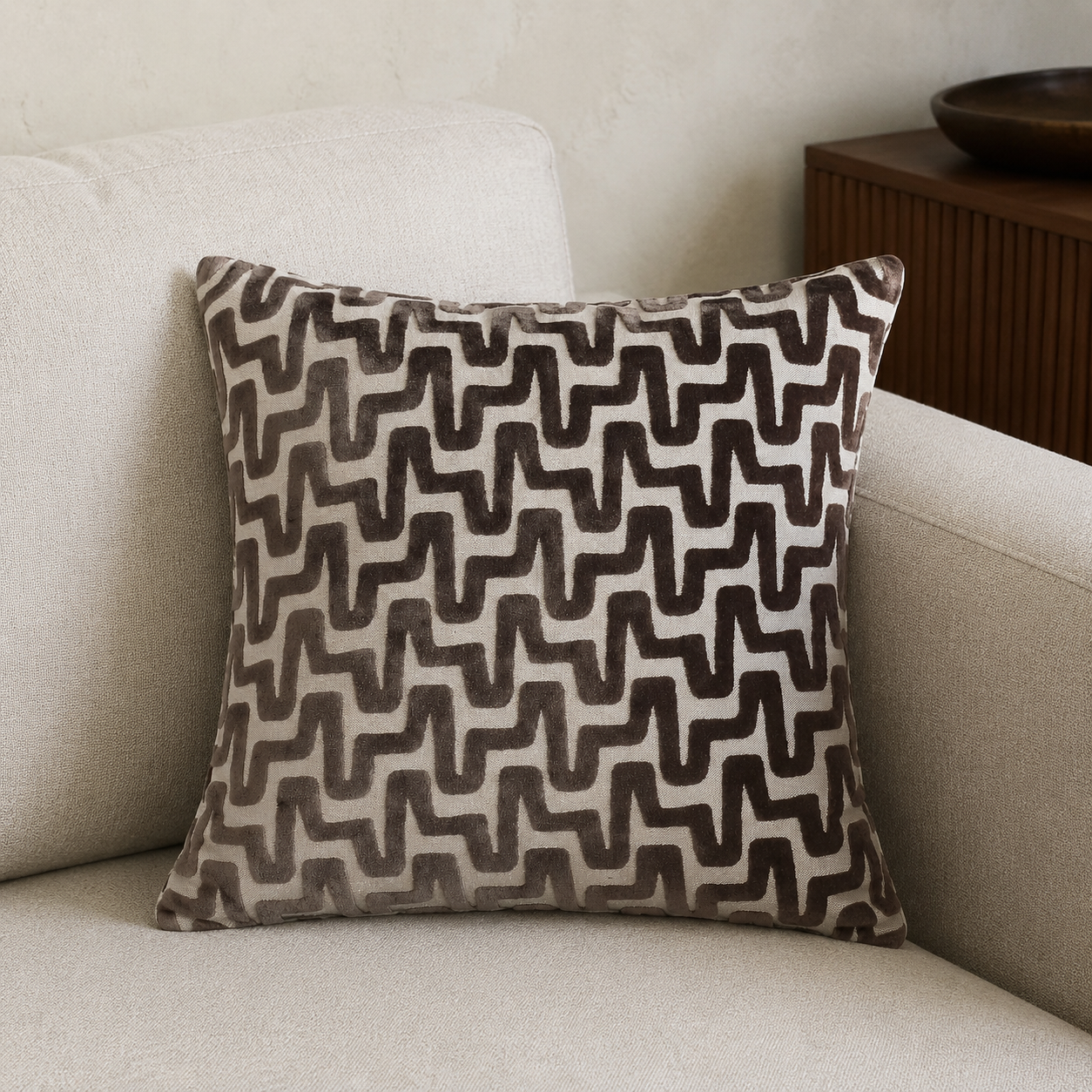 Malini Summit Chocolate Brown Velvet Square Cushion lifestyle