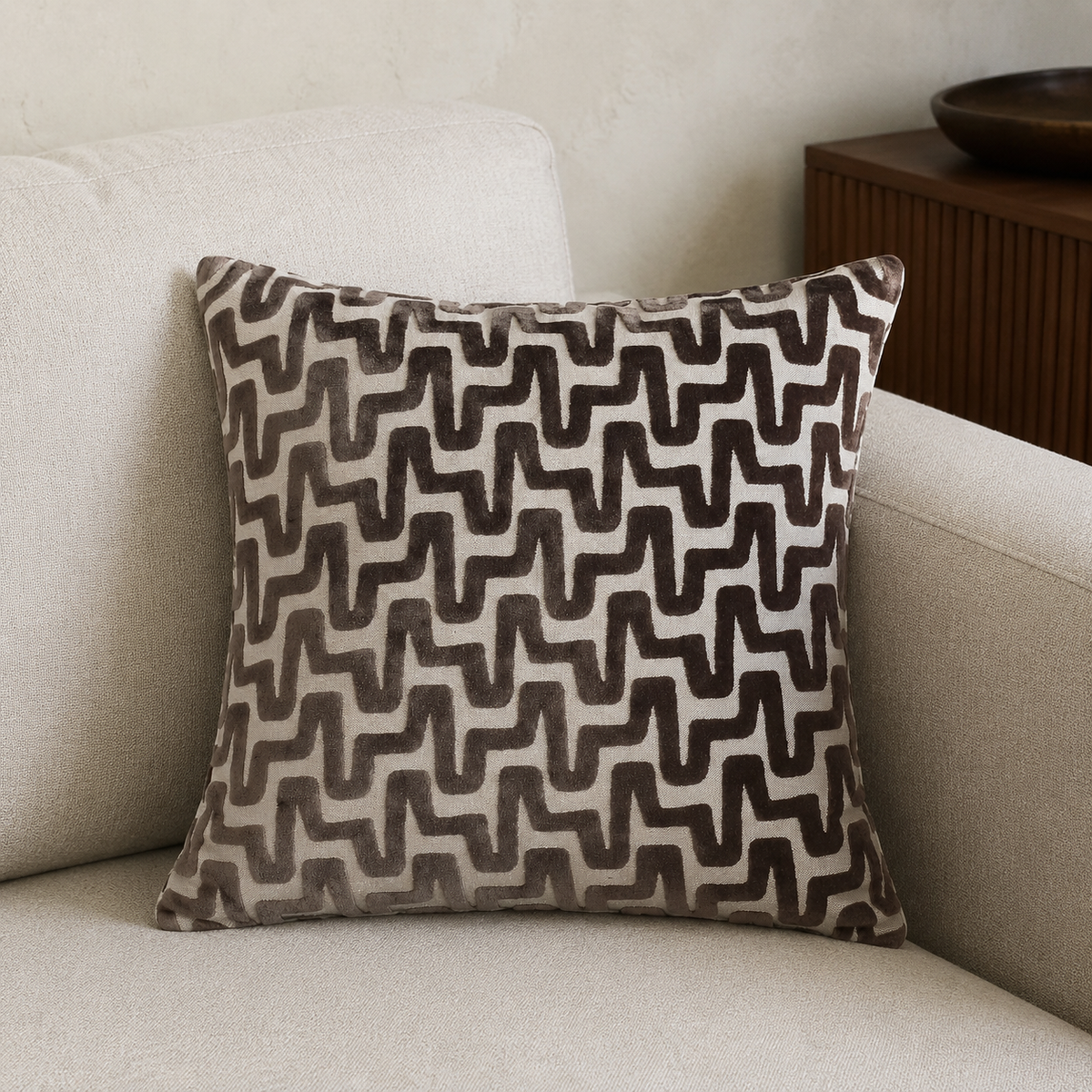 Malini Summit Chocolate Brown Velvet Square Cushion lifestyle