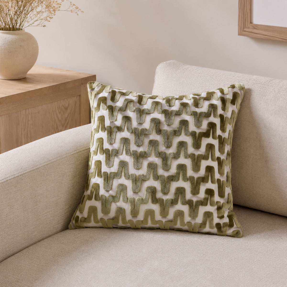 Malini Summit Olive Green Velvet Square Cushion lifestyle
