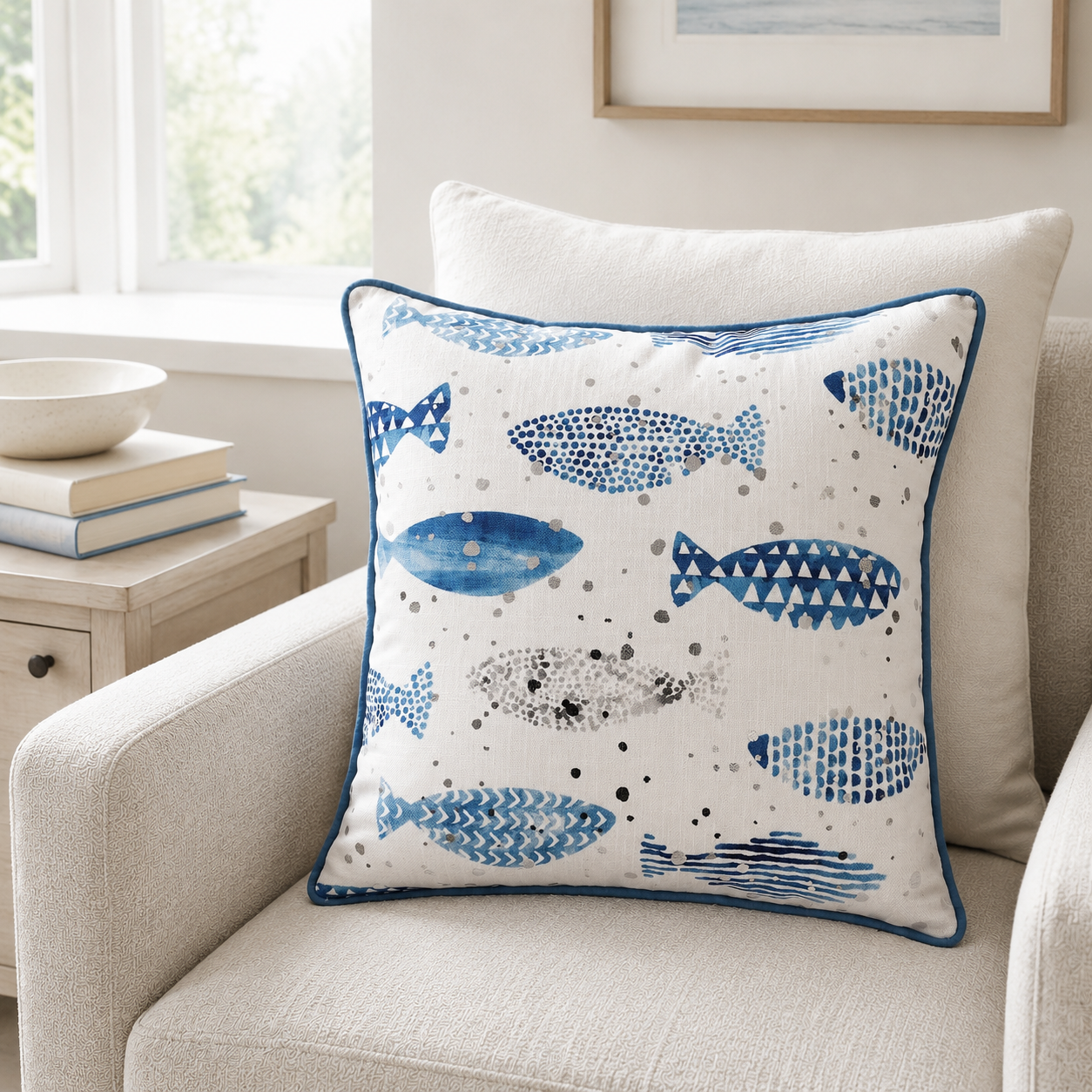 Malini Swish Blue Fish Print Cushion 45x45 lifestyle image