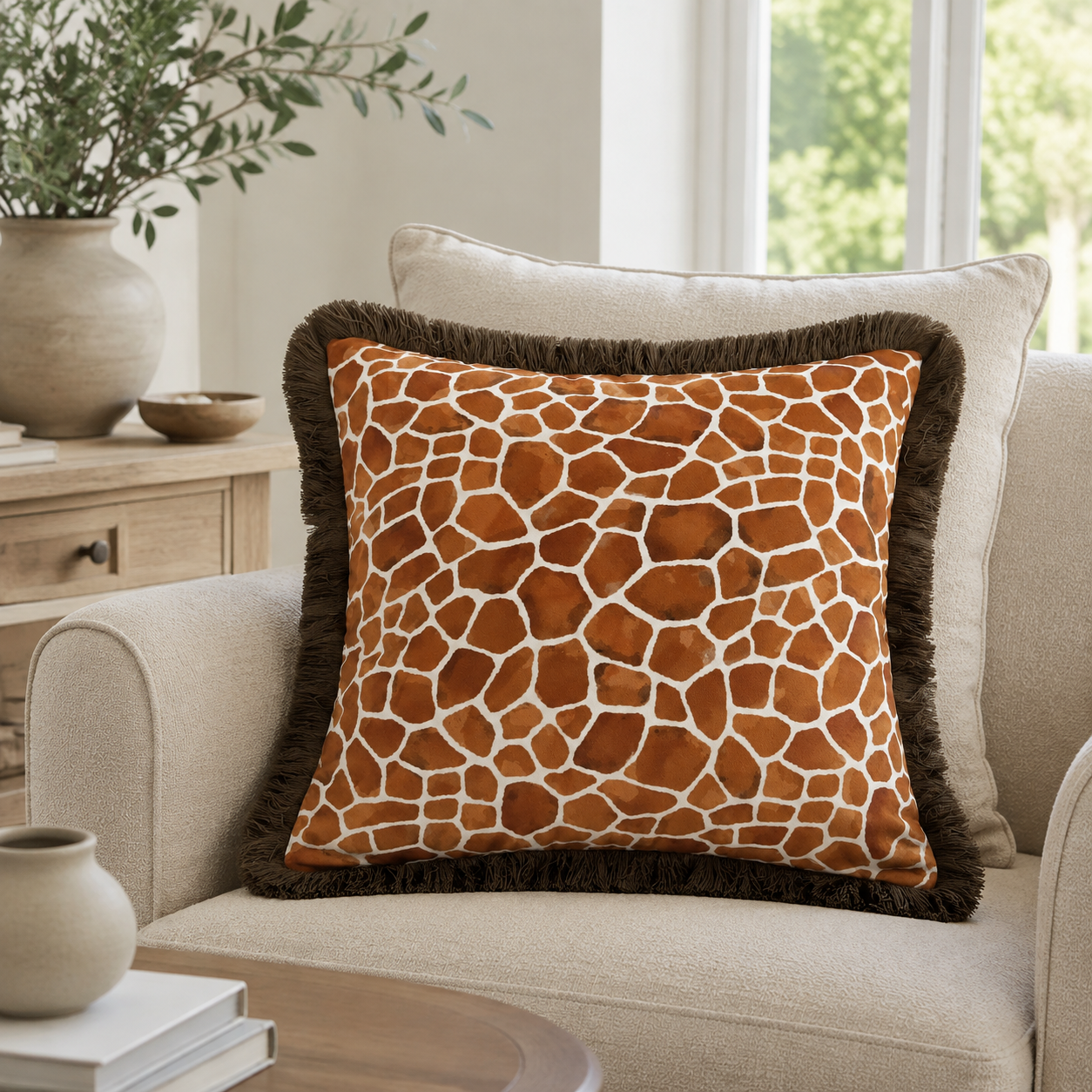 Malini Paul Moneypenny Giraffe Print Fringe 45x45 cushion lifestyle image