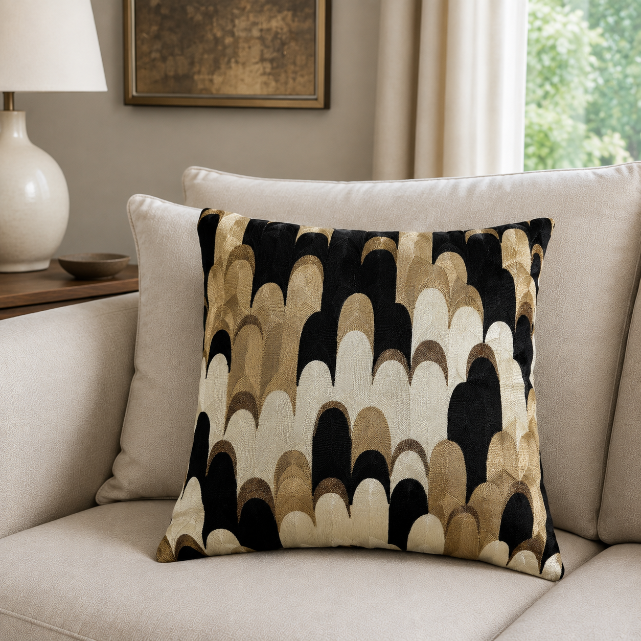 Malini Art Deco Emb Black & Gold On Taupe Square Cushion 45x45 lifestyle image