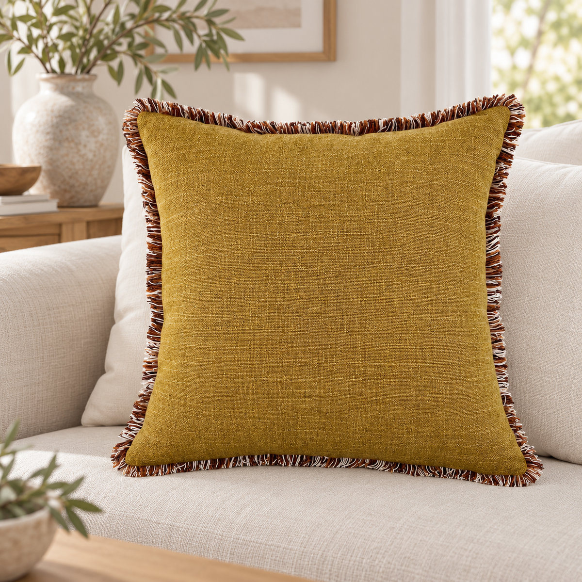 Malini Plain Linen Like With Fringes Whiskey Square Cushion 45x45 lifestyle image