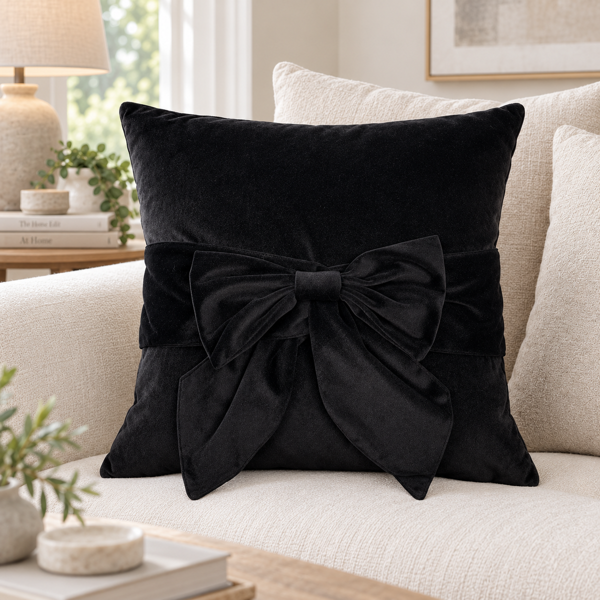 Malini Tiedup Velvet with Bow Black Square Cushion 45x45 lifestyle image