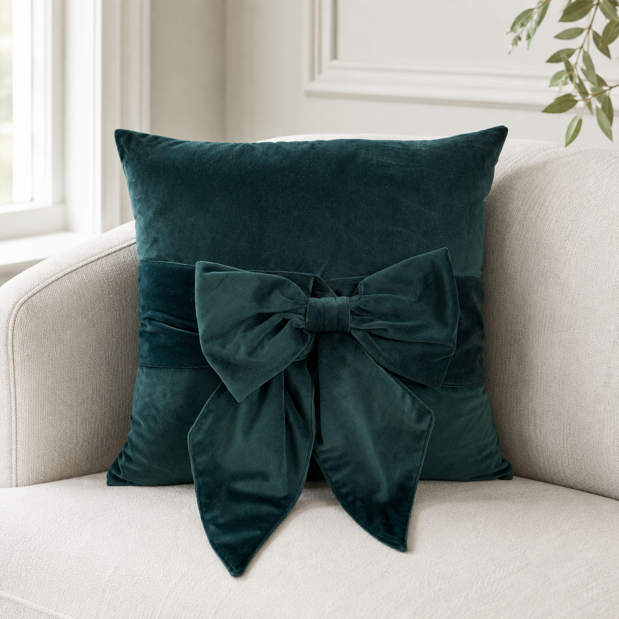 Malini Paul Moneypenny Tied Up Emerald Green Velvet Square Cushion lifestyle