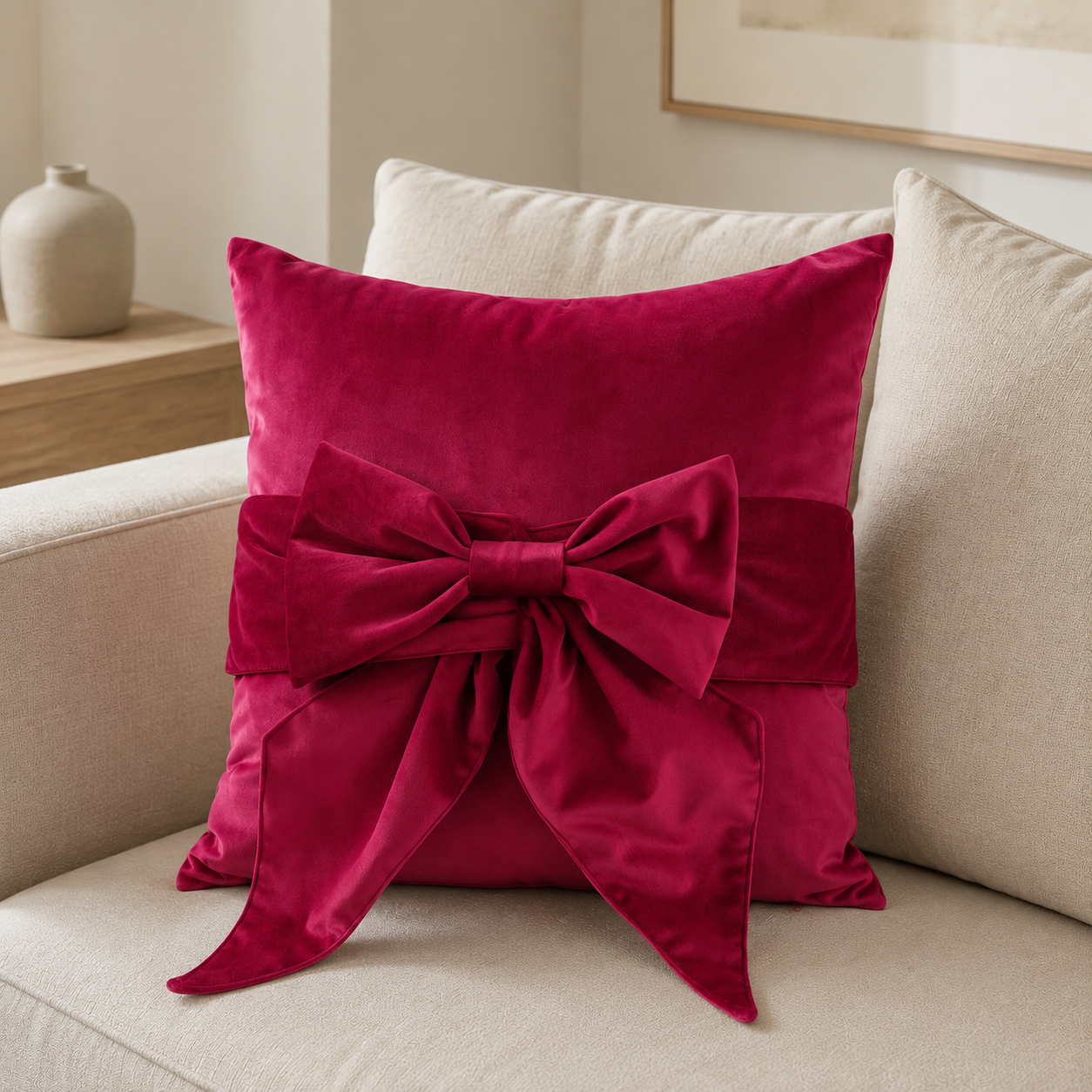 Malini Tied Up fuchsia pink velvet bow cushion lifestyle image