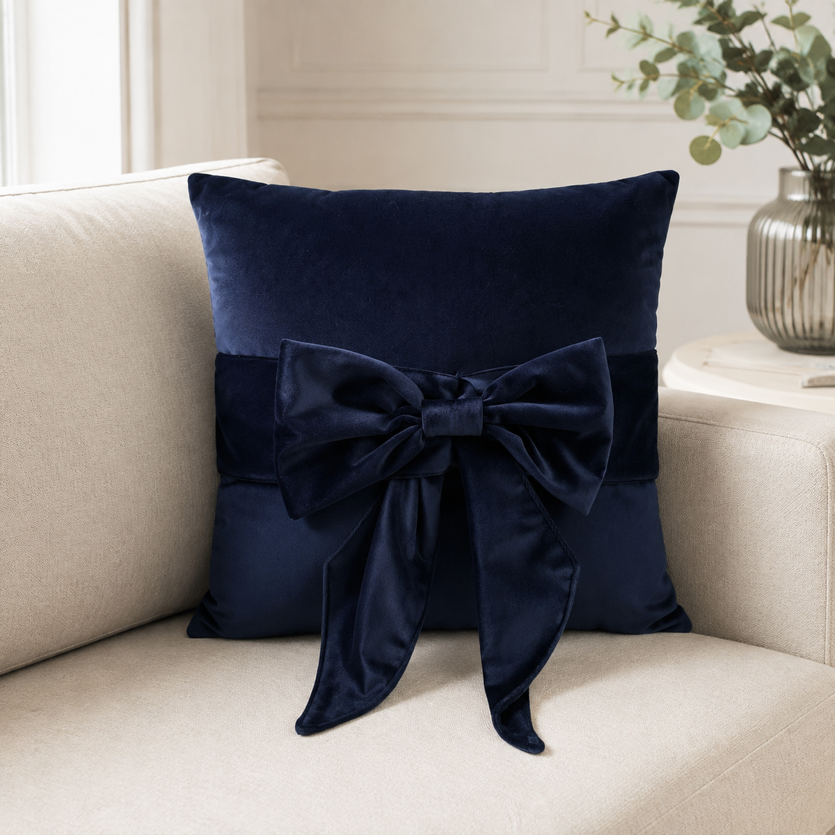 Malini Paul Moneypenny Tied Up Navy Blue Velvet Square Cushion lifestyle