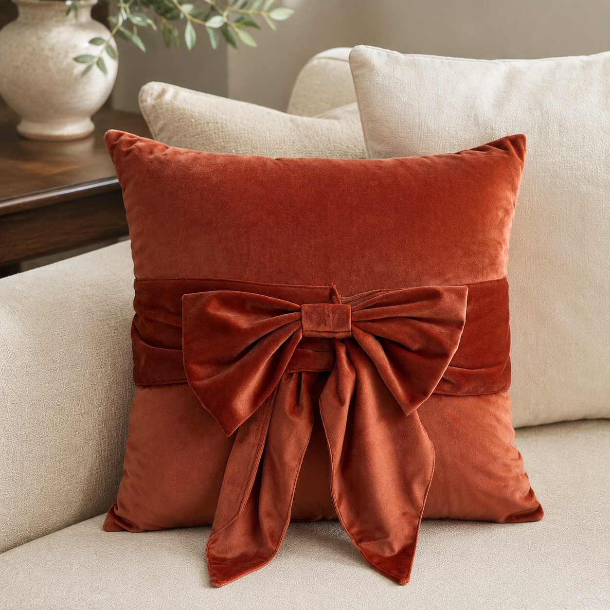 Malini Tied Up orange velvet bow cushion lifestyle image