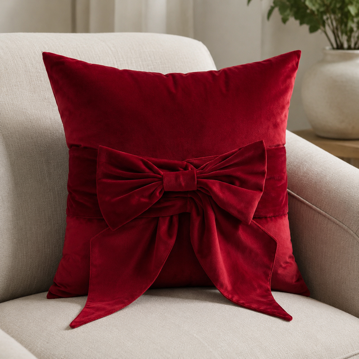Malini Paul Moneypenny Tied Up Scarlet Red Velvet Square Cushion lifestyle
