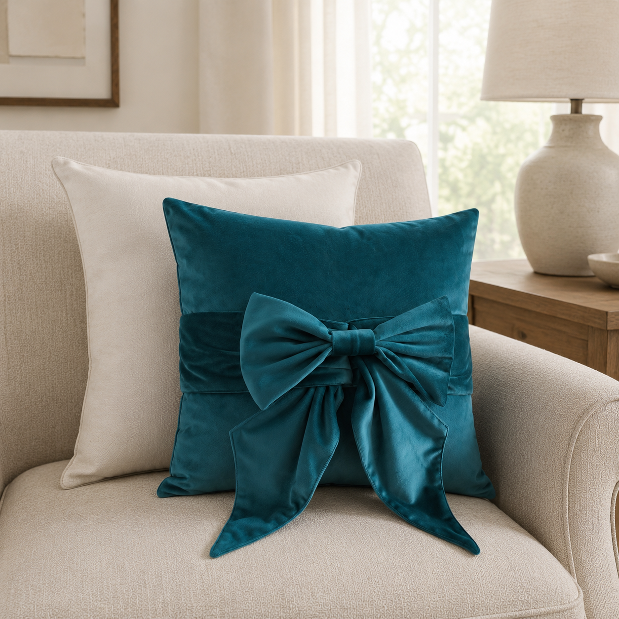Malini Tied Up teal blue velvet bow cushion lifestyle image