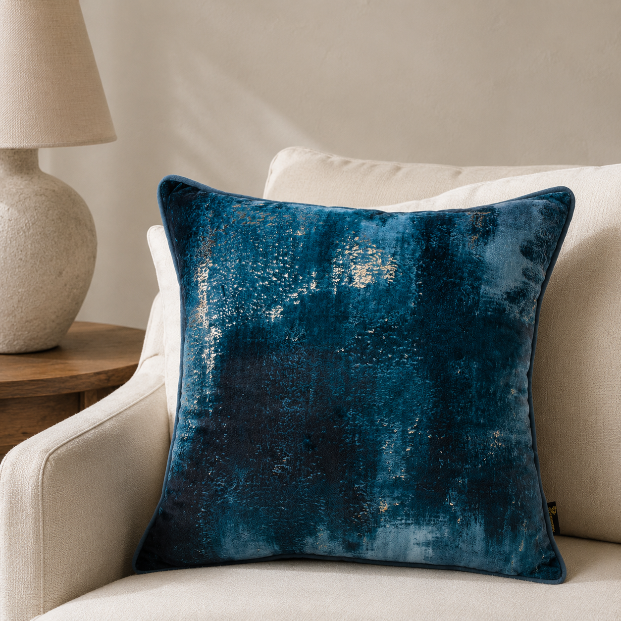 Malini Too Good Molten Lava Blue 45x45 cushion lifestyle image