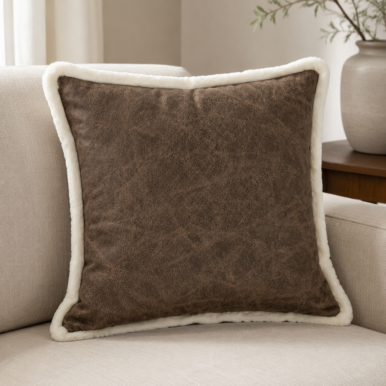 Malini Paul Moneypenny Tough Nut Brown and Cream Faux Leather Square Cushion lifestyle