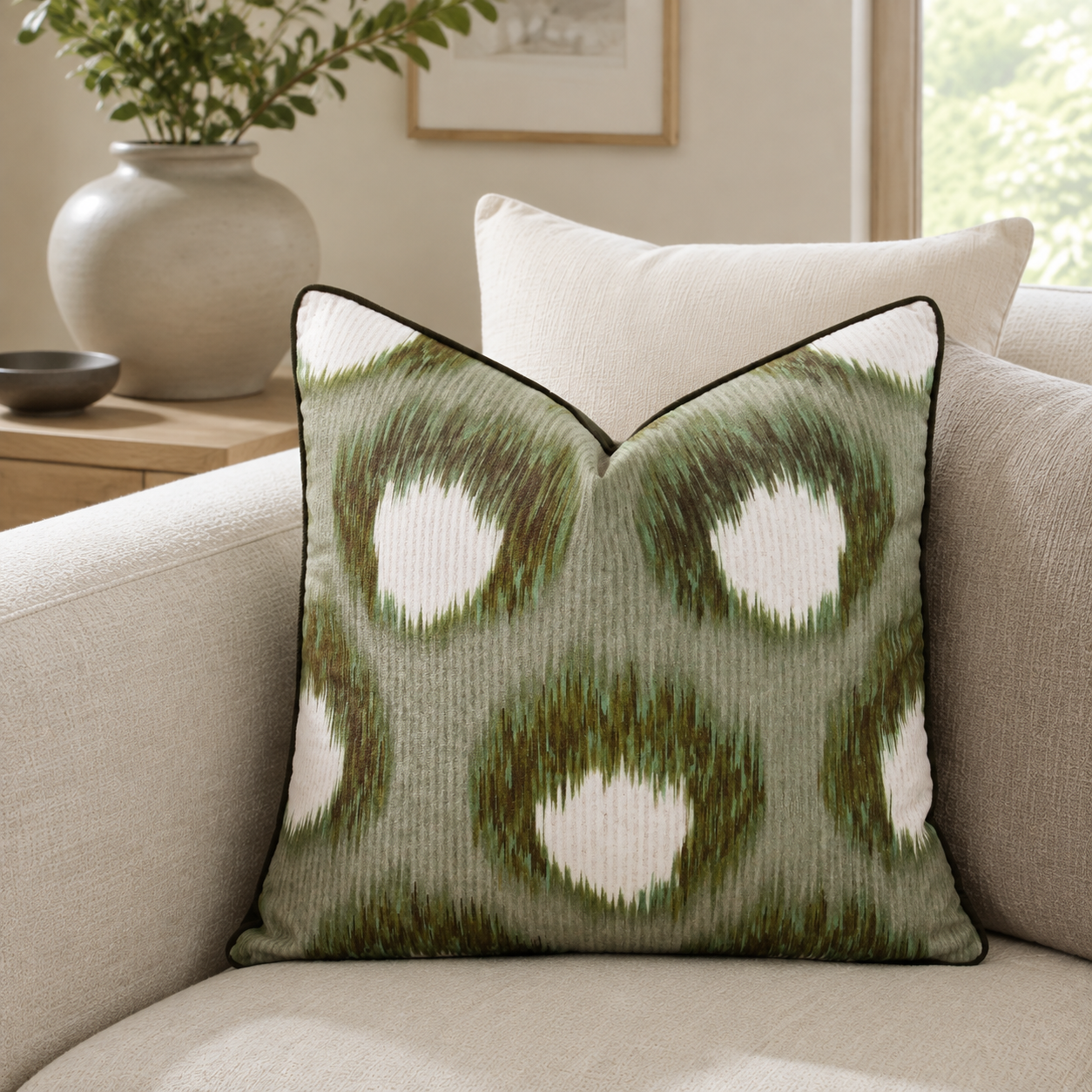 Malini Tova Sage Green 45x45 cushion lifestyle image