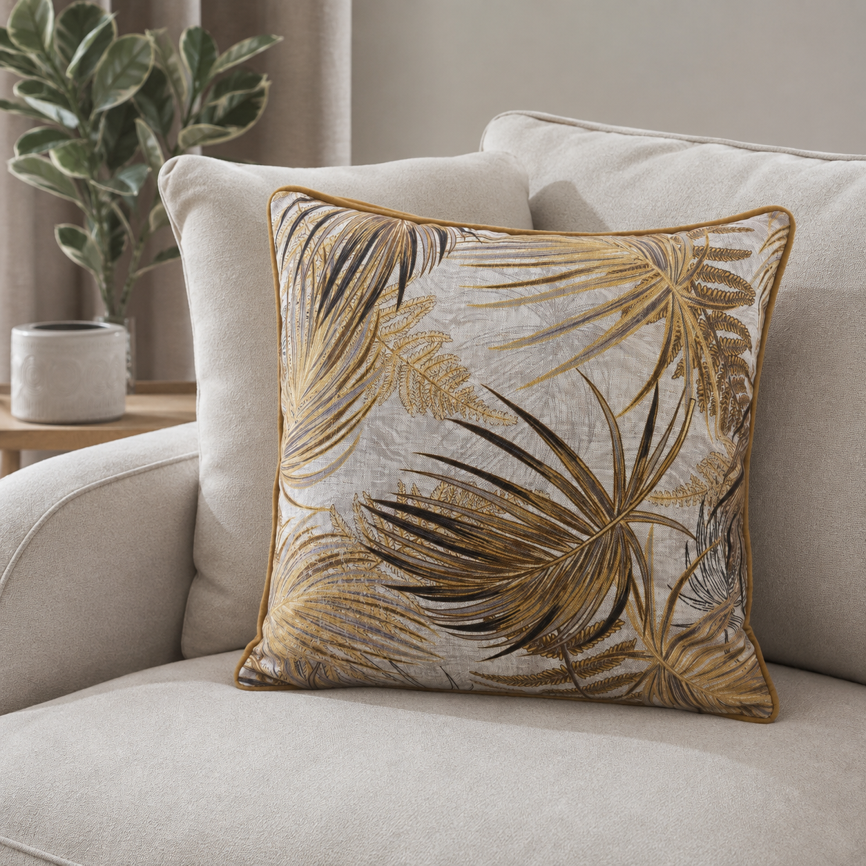 Malini Tova Yellow Square Cushion 45x45 in a neutral living room